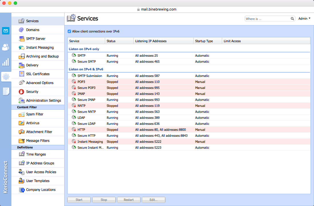 Services des Kerio Connect Servers